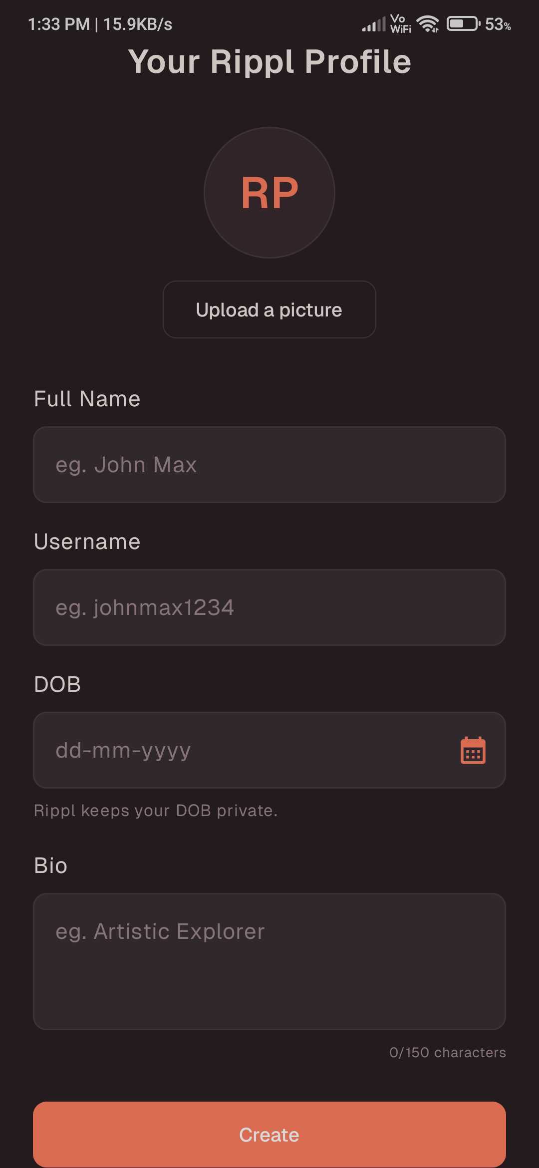 The Complete Your Profile Screen - Mobile View